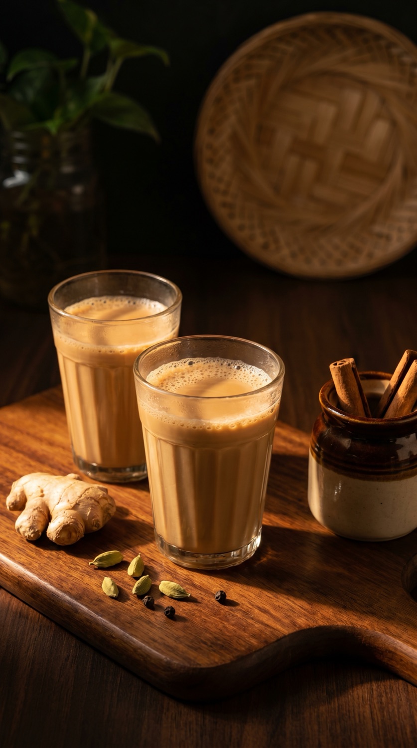 Freshly pulled masala chai in cutting glasses with ginger and cardamom at The Chai Lounge